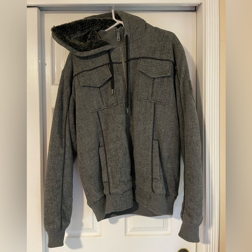 Fox Deluxe Premium Men's Size XL Grey Faux
Sherpa Shearling Hooded Jacket